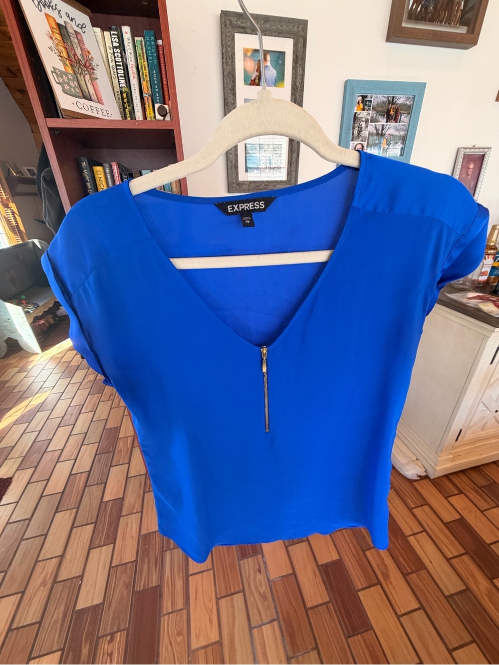 Express Vibrant Blue V-Neck Zip Blouse
